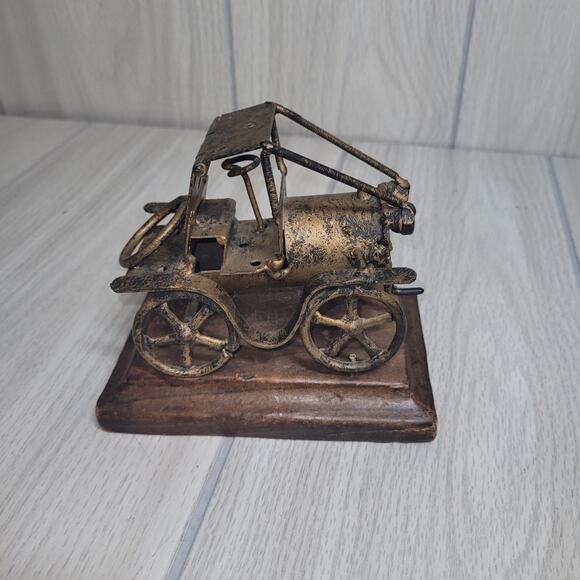 Vintage Scrap Metal Art Antique Car Automobile Brass On Wood Shelf Sitter - Picture 7 of 8